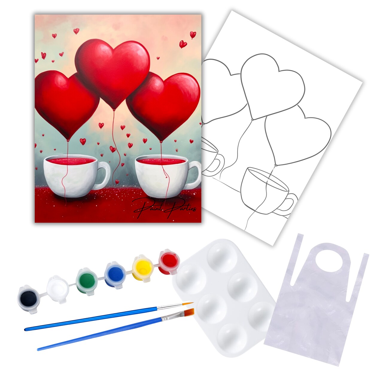 "Cup Of Hearts" DIY Canvas Art Kit, Adult Beginner, Acrylic Paint Size 11x14 inch